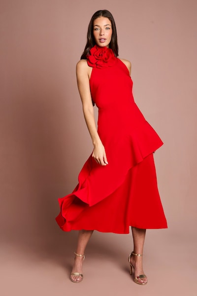 Coast High Neck Corsage Detail Midi Dress Flame Red
