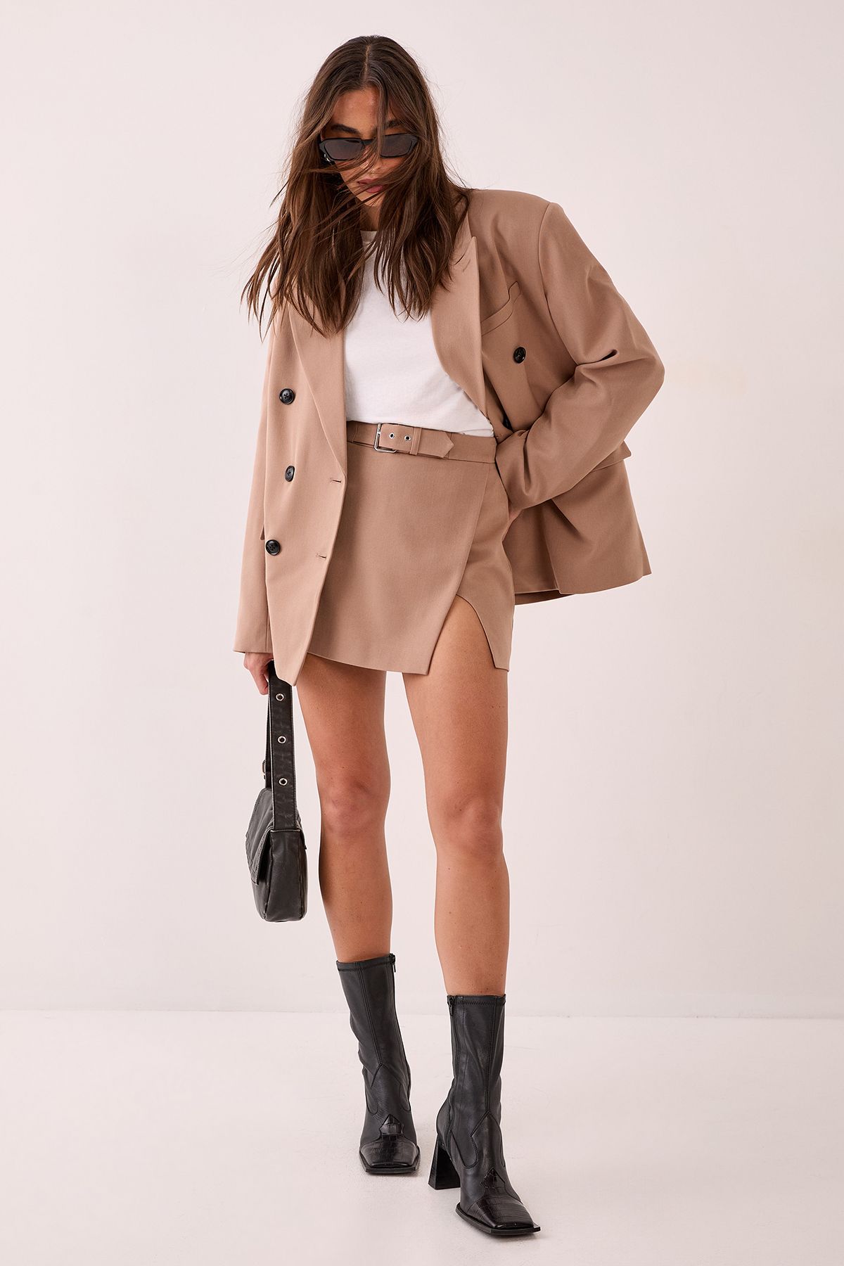 NastyGal Belted Split Mini Skirt Taupe image 1