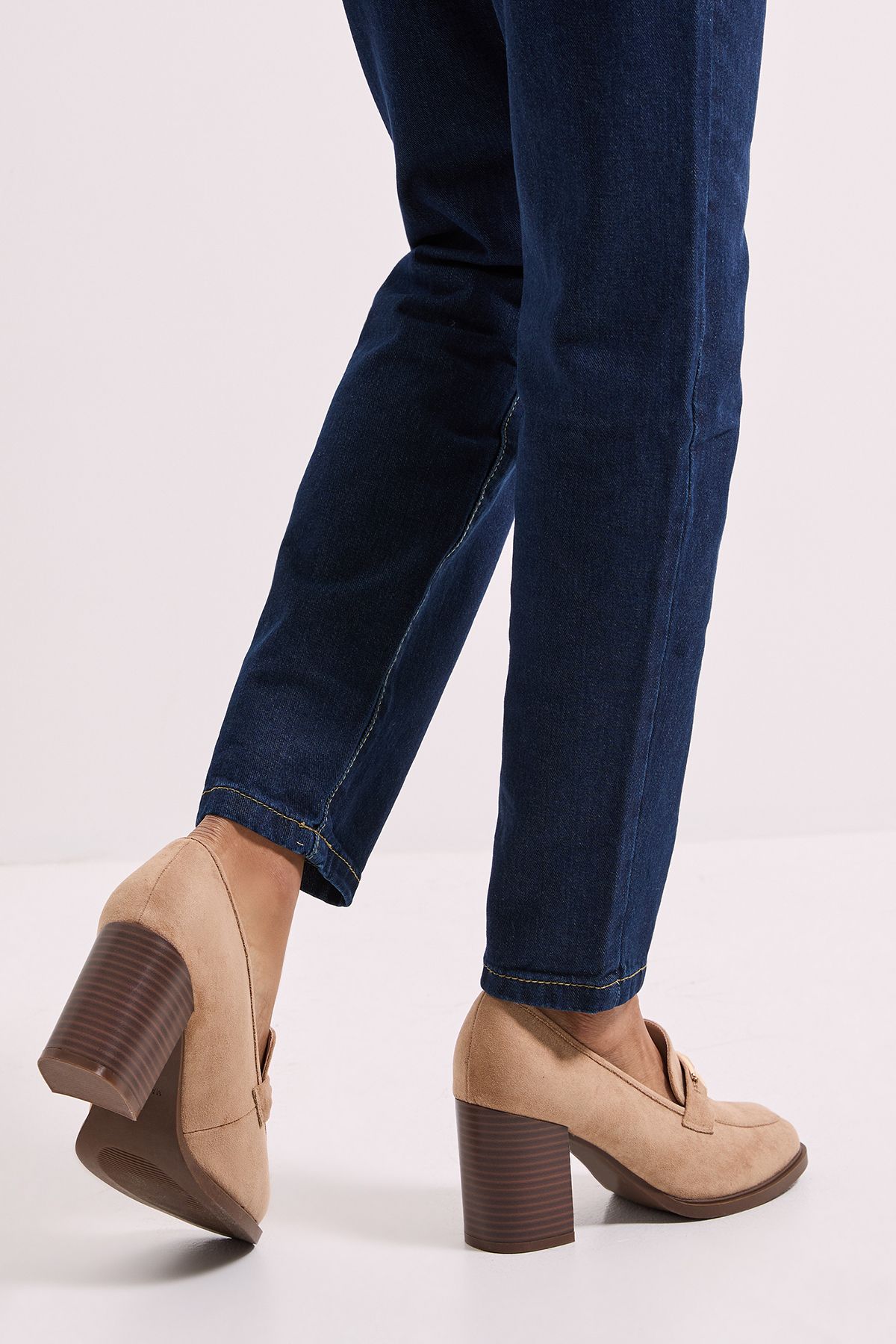 Dorothy Perkins Wide Fit Benita Faux Suede Snaffle Detail High Block Heeled Loafers Beige image 3