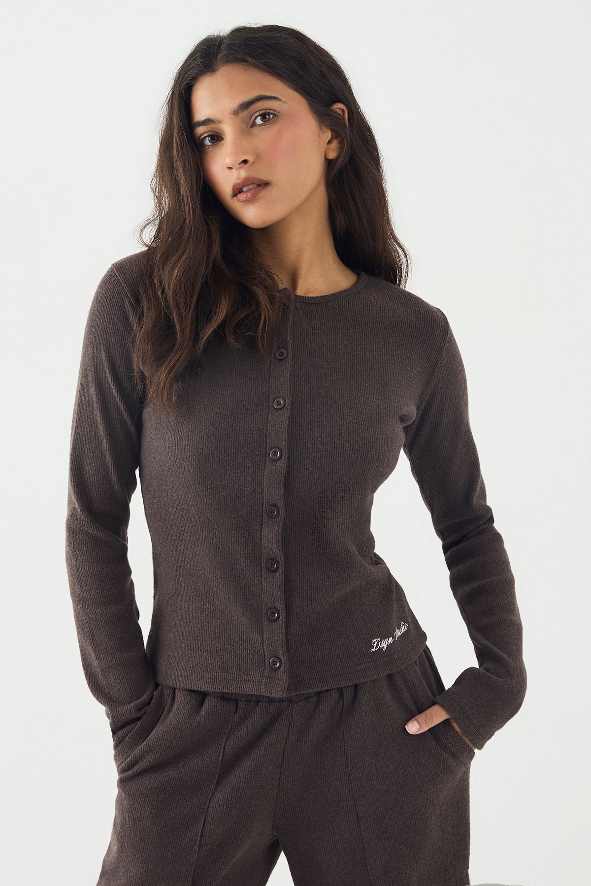 DSGN Studio DSGN Studio Brushed Rib Button Through Long Sleeve Top Chocolate image 1