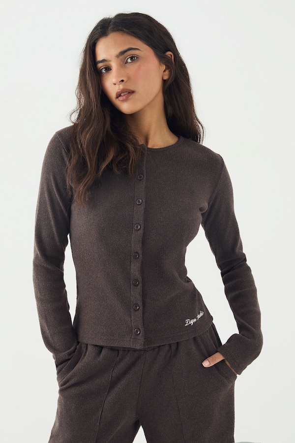 DSGN Studio DSGN Studio Brushed Rib Button Through Long Sleeve Top Chocolate
