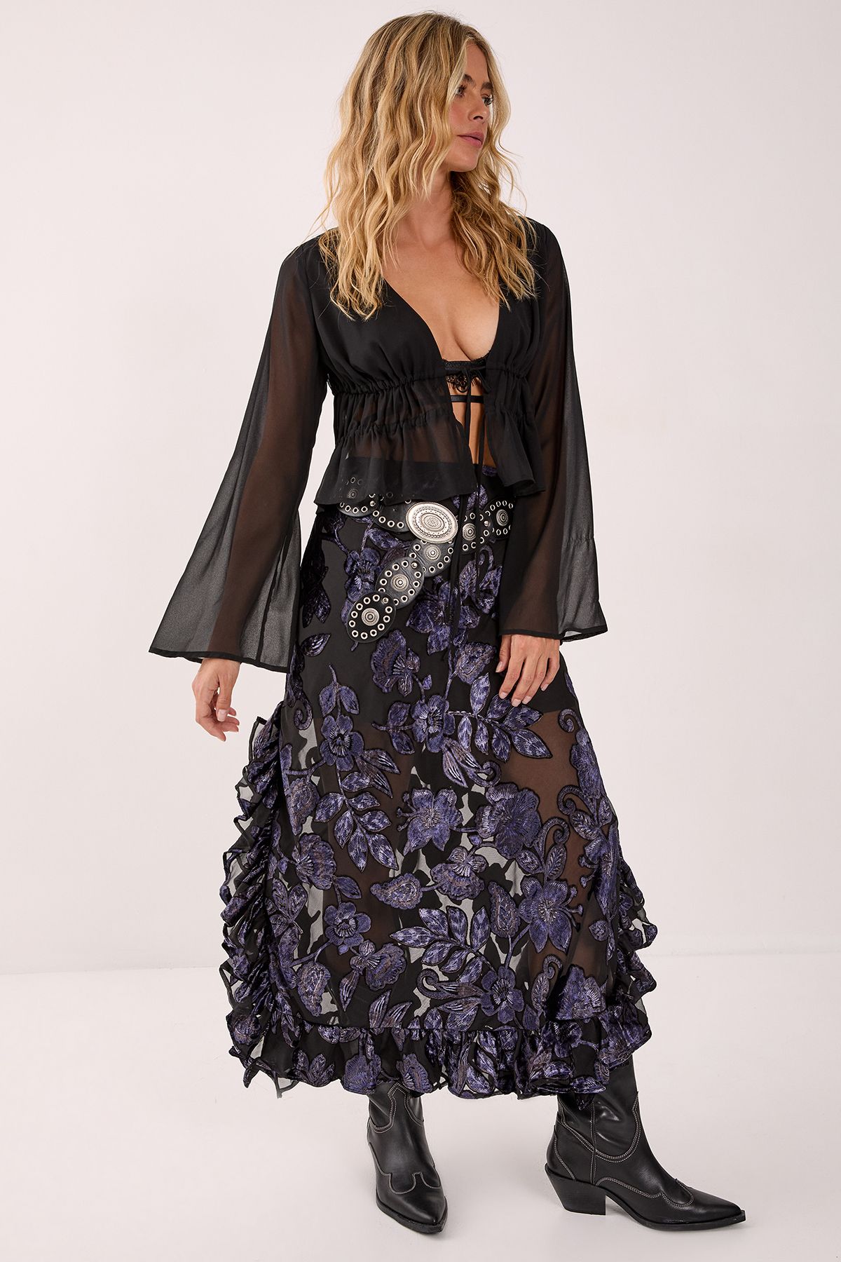 NastyGal Floral Devore Ruffle Maxi Skirt Black image 3