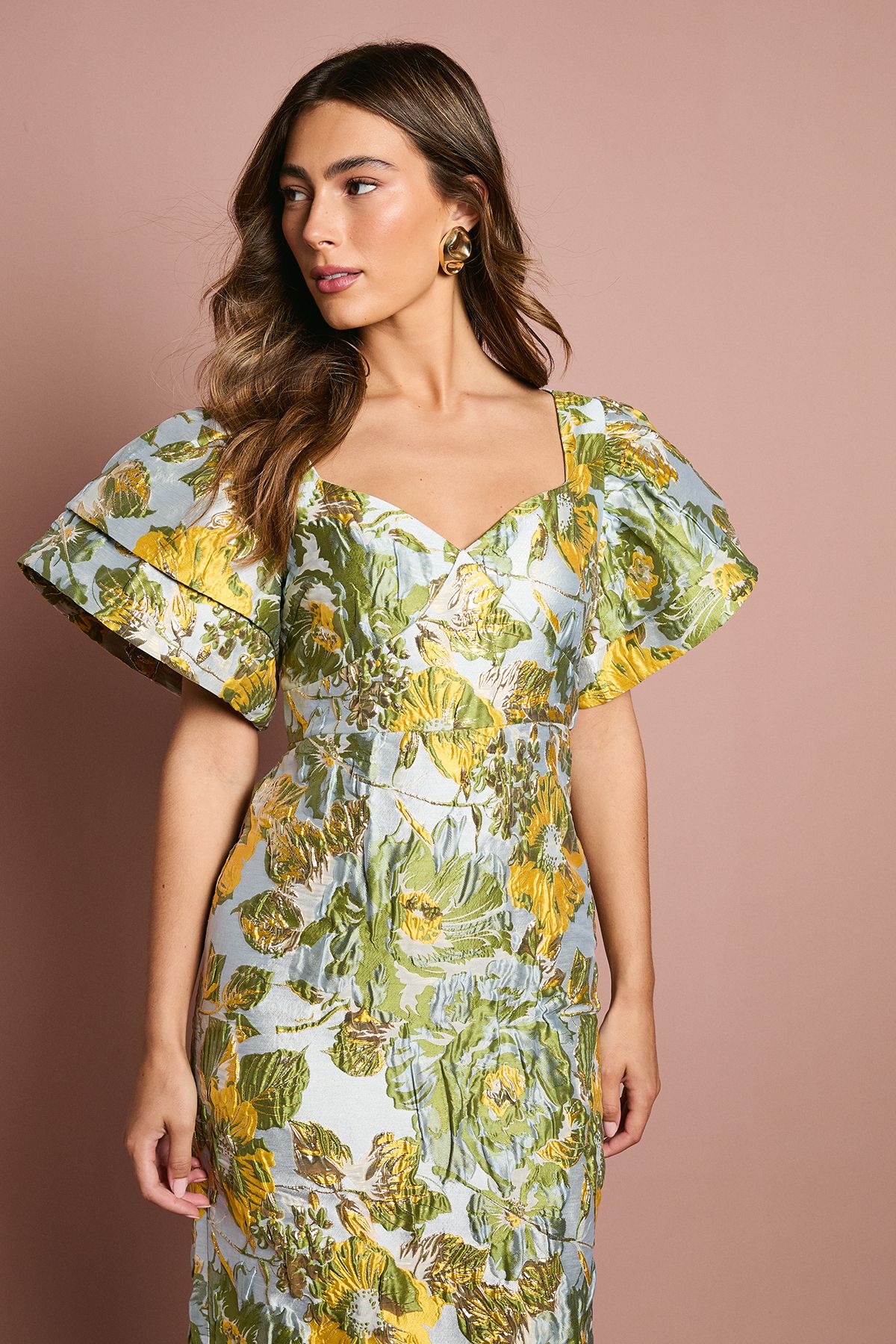 Coast Metallic Jacquard Volume Sleeve Midi Dress Blue image 2