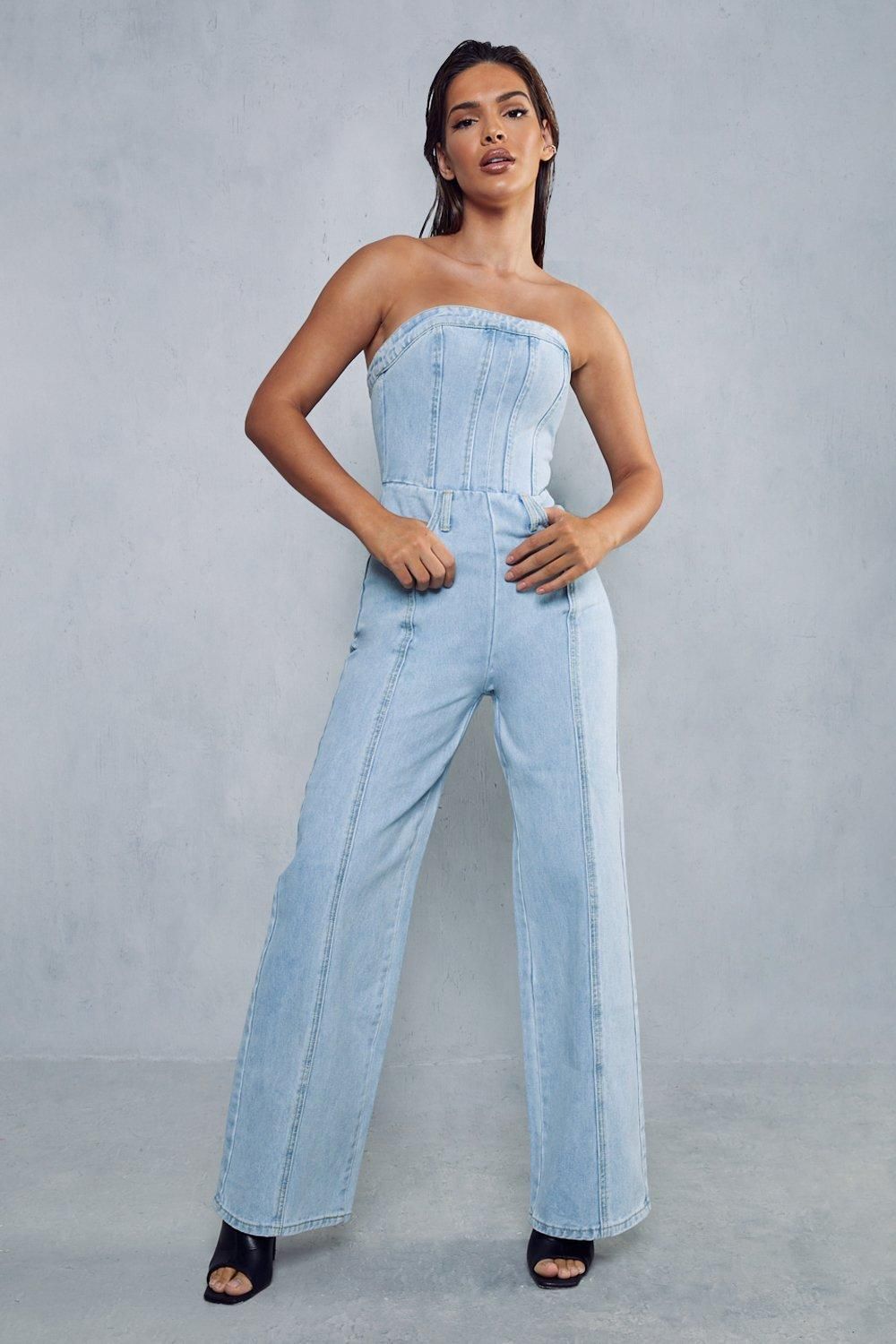 MissPap Bandeau Denim Wide Leg Jumpsuit Mid Wash image 4