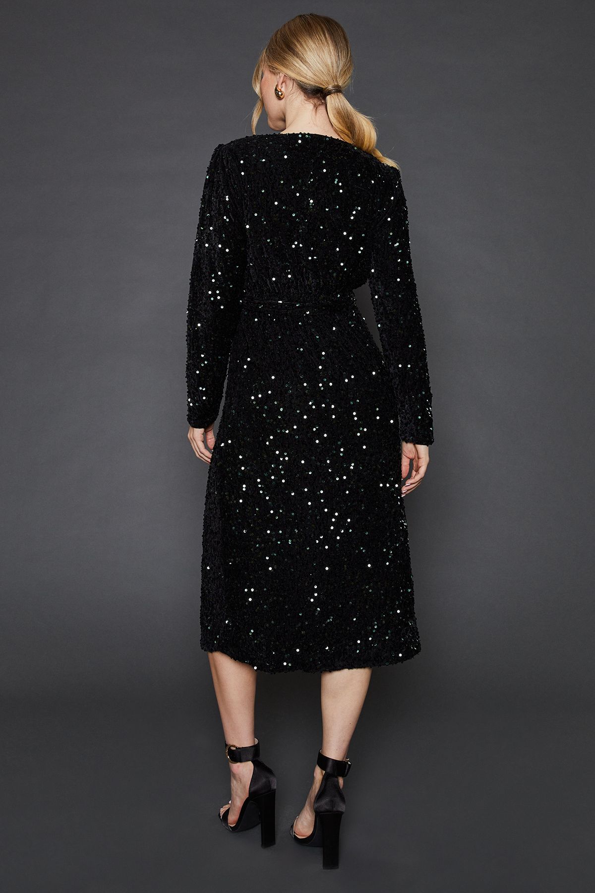 Dorothy Perkins Velvet Sequin Wrap Midi Dress Bottle Green image 3