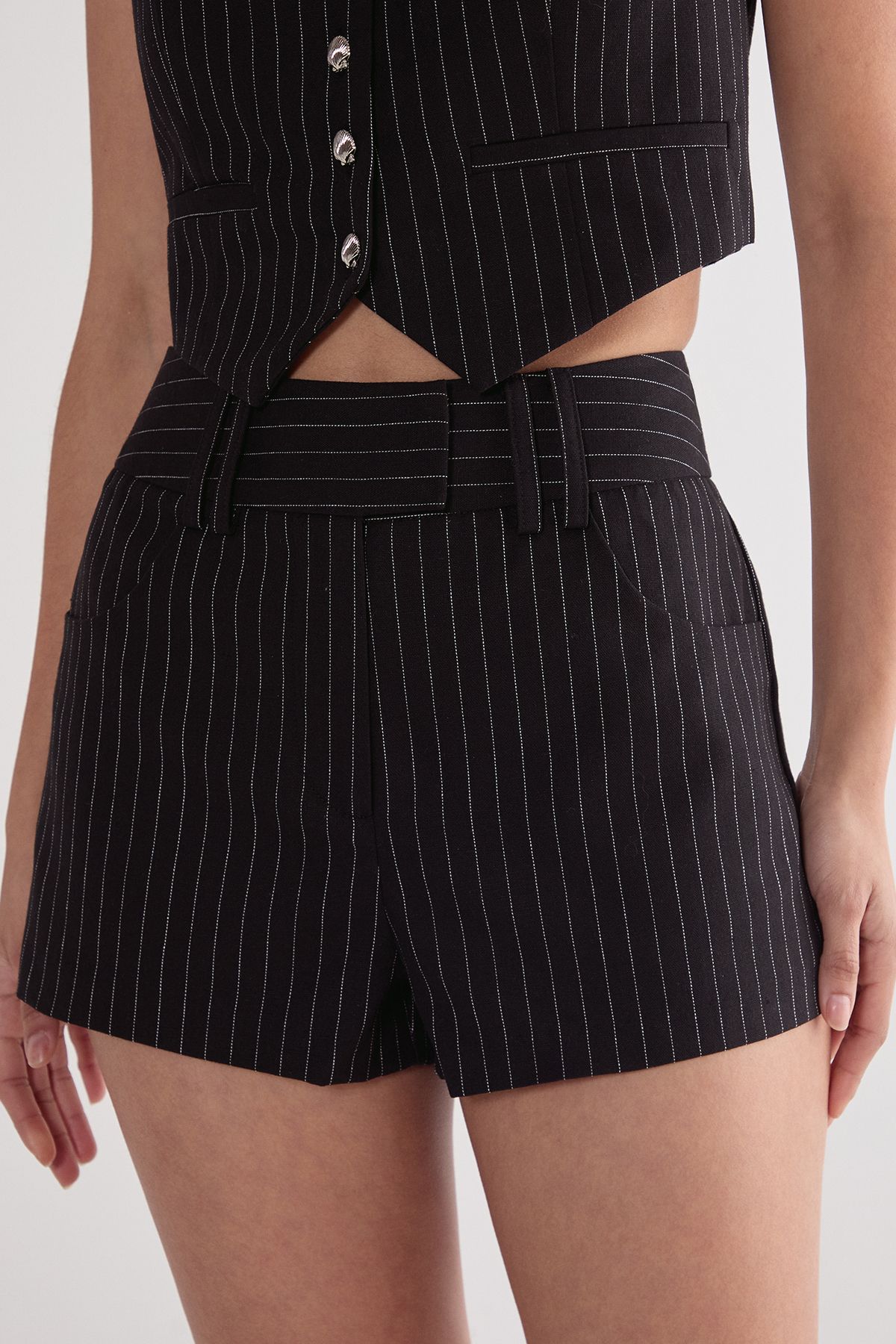 NastyGal Pinstripe Belted Shorts Black image 5