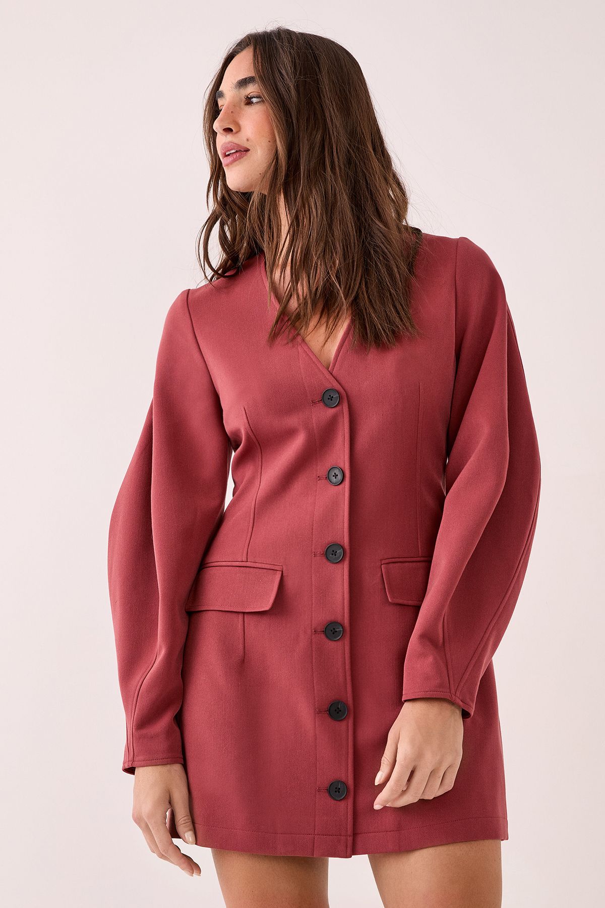 NastyGal Tailored Cocoon Sleeve Button Through Mini Blazer Dress Tobacco image 2