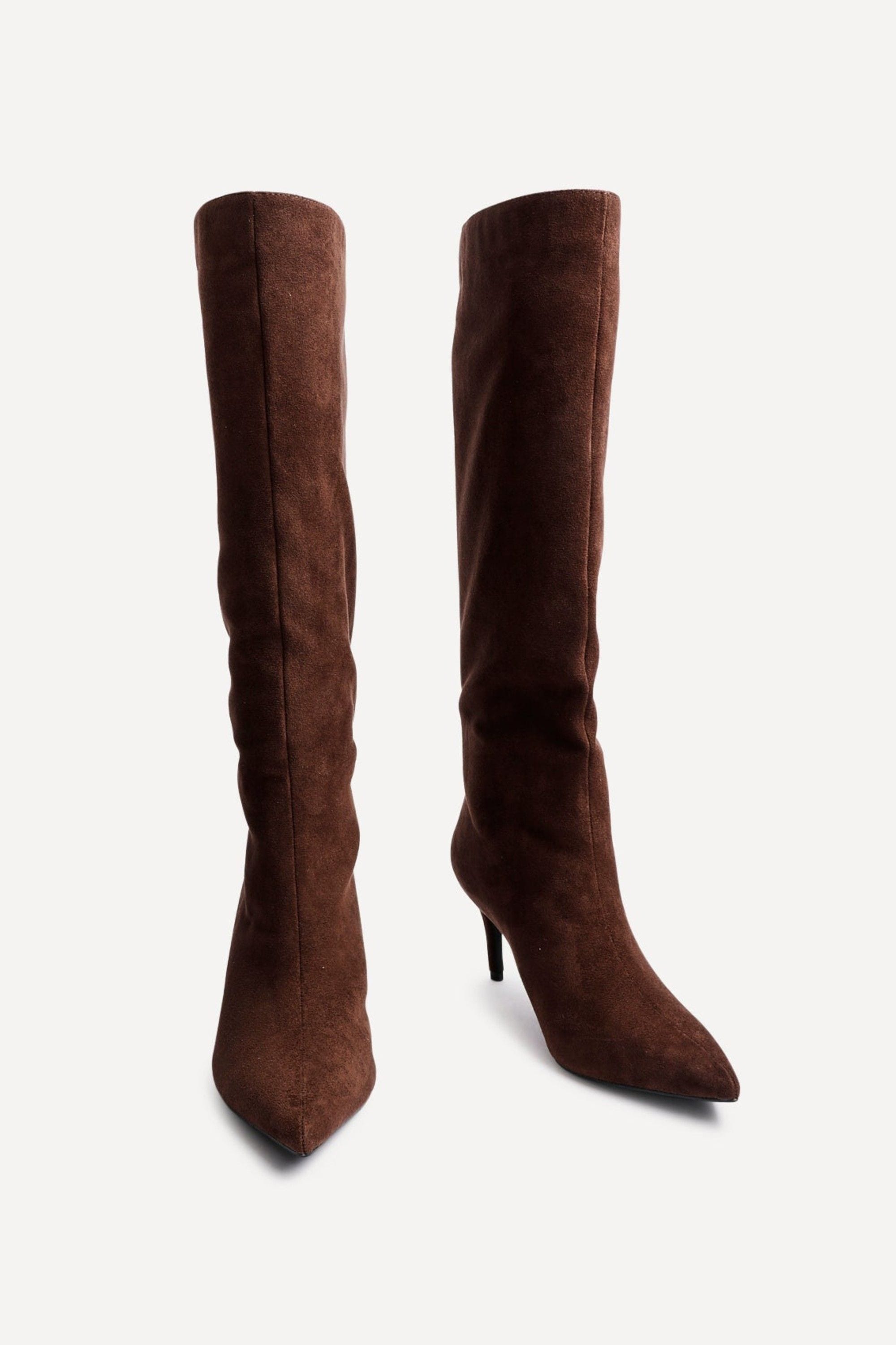 Linzi Onyx Brown Faux Suede Pointed Toe High Leg Heeled Boots image 3