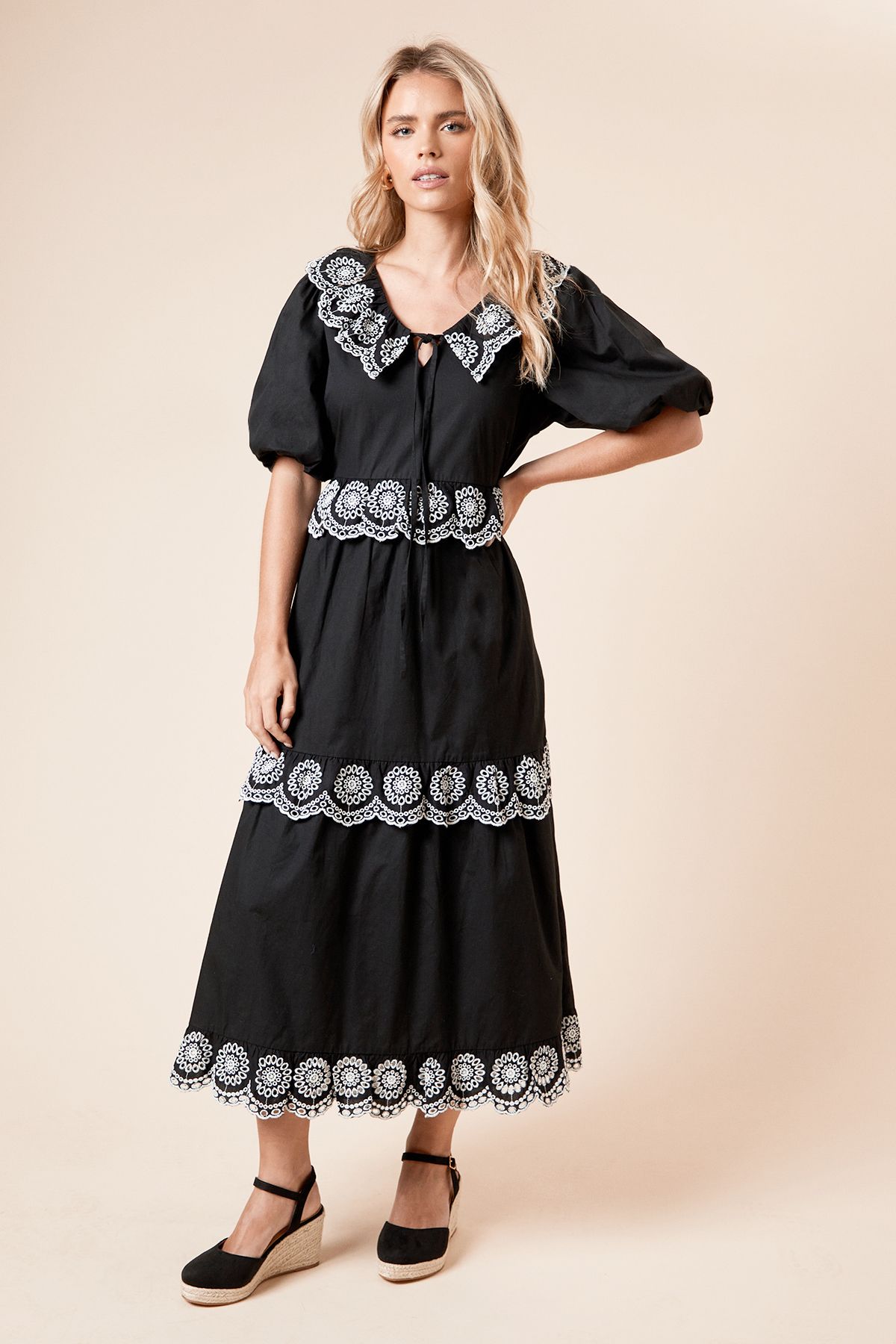 Dorothy Perkins Petite Embroidered Tiered Midi Dress Mono image 1