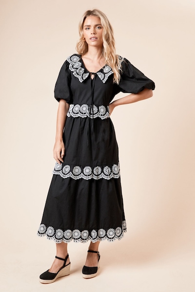 Dorothy Perkins Petite Embroidered Tiered Midi Dress Mono