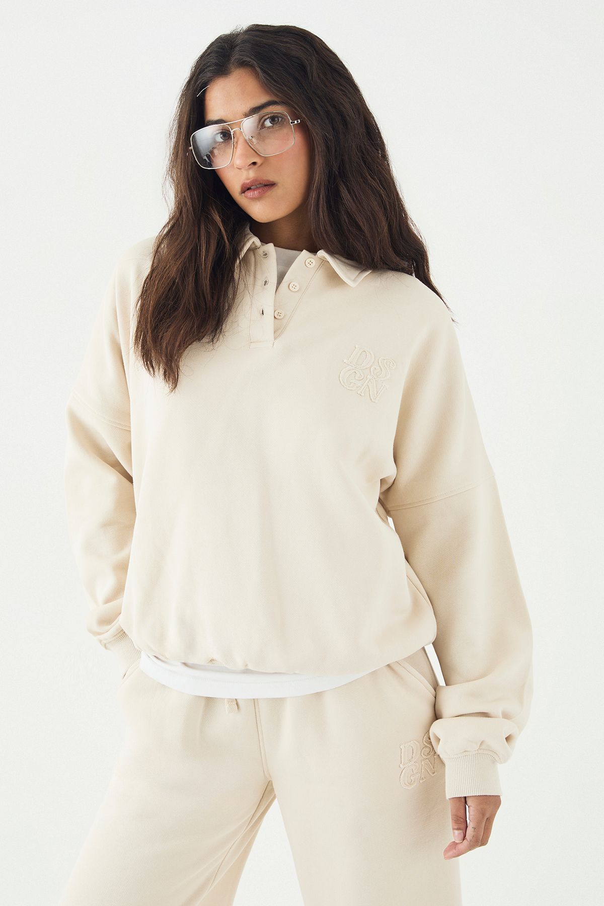 DSGN Studio DSGN Studio Self Fabric Applique Collared Sweatshirt Stone image 3