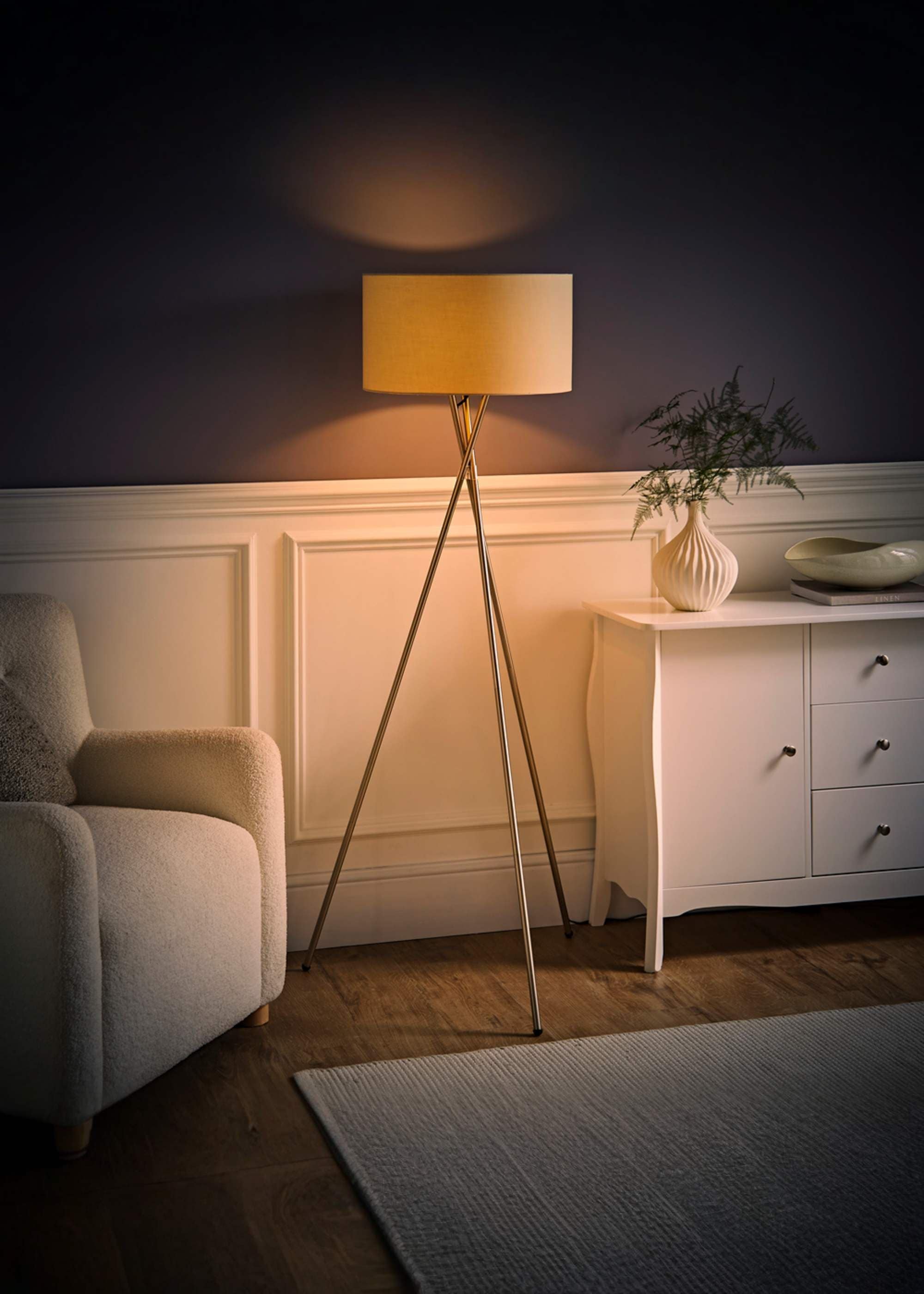 ValueLights Camden Brushed Chrome Tripod Floor Lamp with Natural Drum Lamp Shade image 2