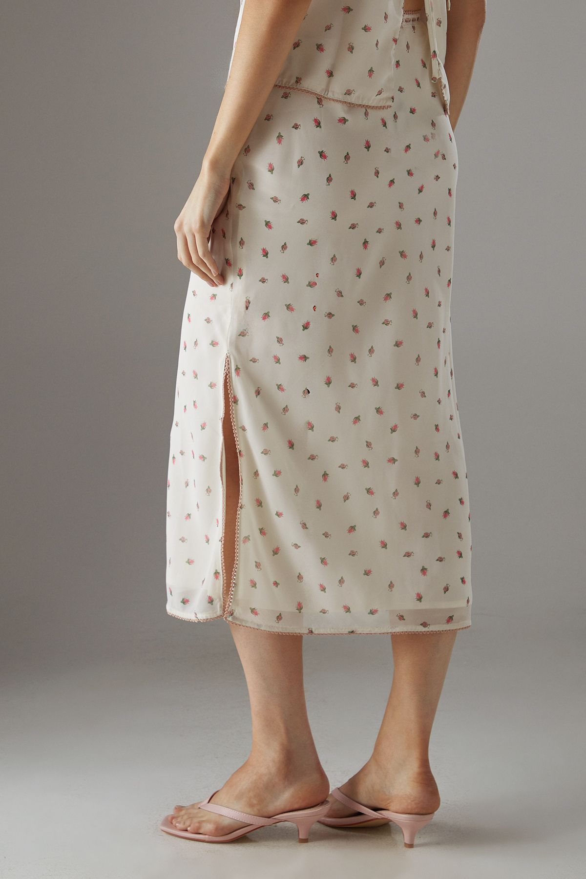 Warehouse Georgette Lace Trim Bias Midi Skirt Floral image 3