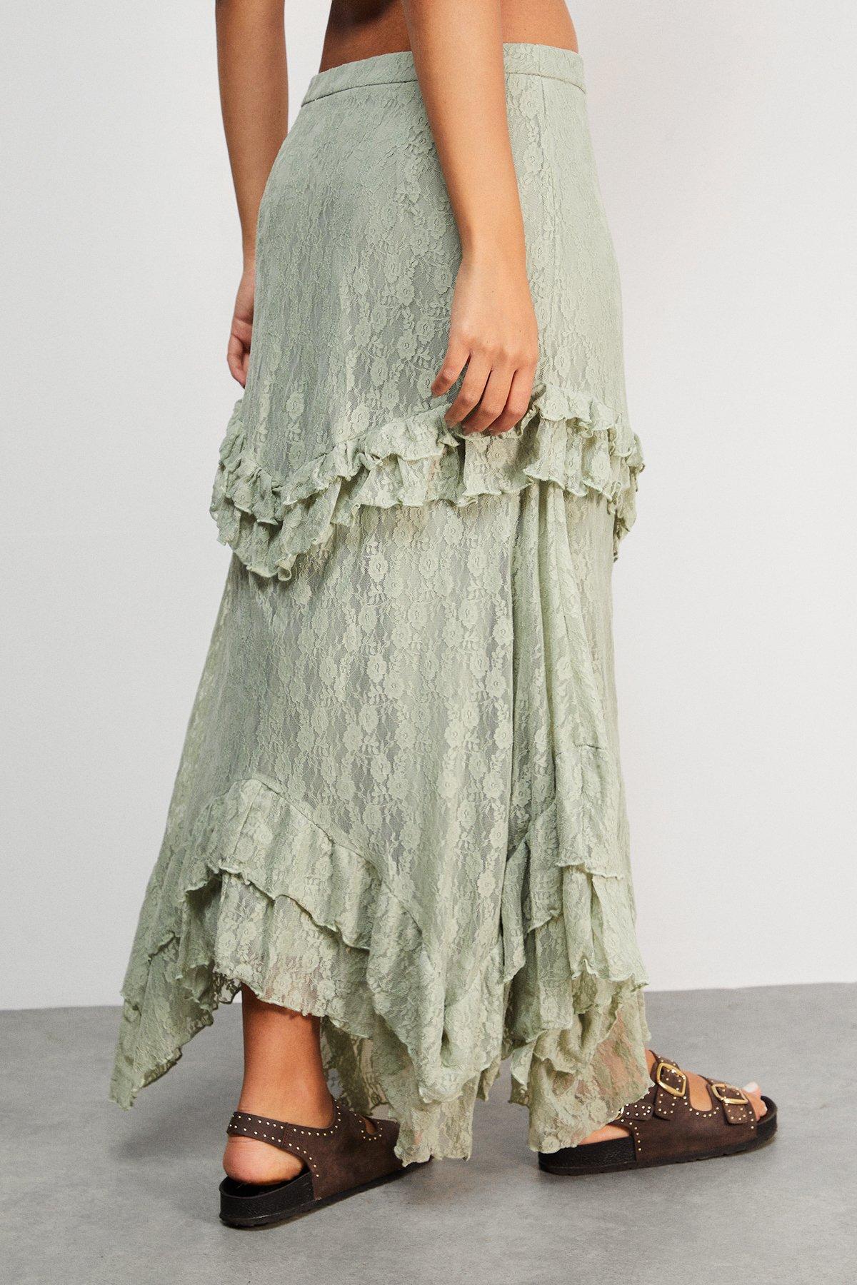 Warehouse Lace Ruffle Tier Maxi Skirt Khaki image 3