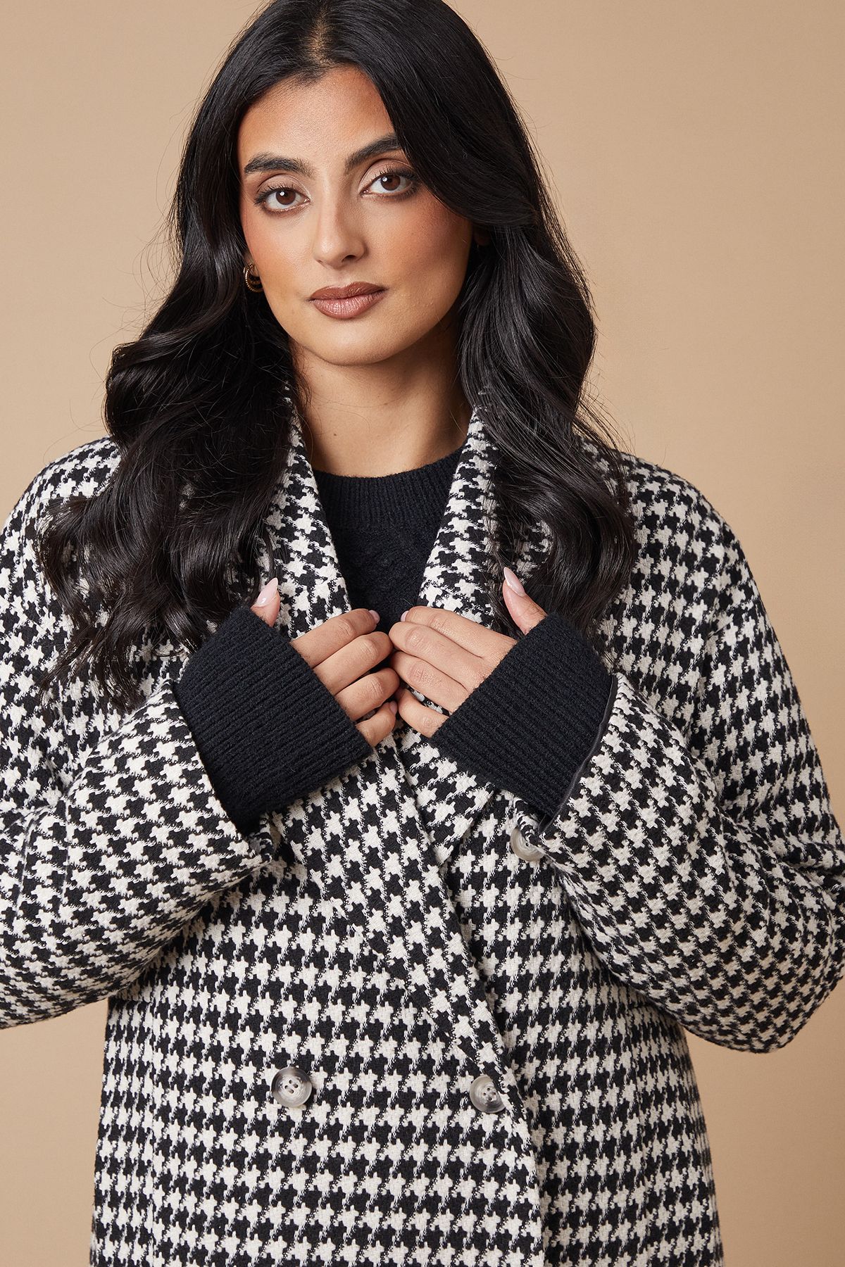 Oasis Checked Tab Back Detail Faux Wool Double Breasted Midi Coat Neutral image 3