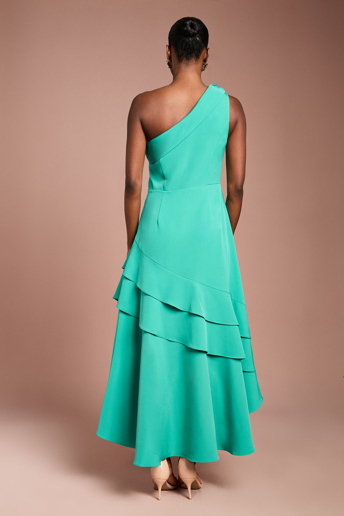 Coast Teal One Shoulder Corsage Ruffle Crepe Midi Dress | PLT