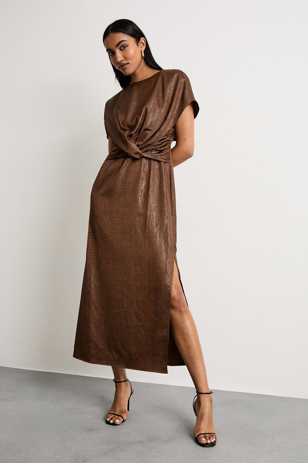 Warehouse Leather Look Satin Twist Front Detail Midi Dress Chocolate