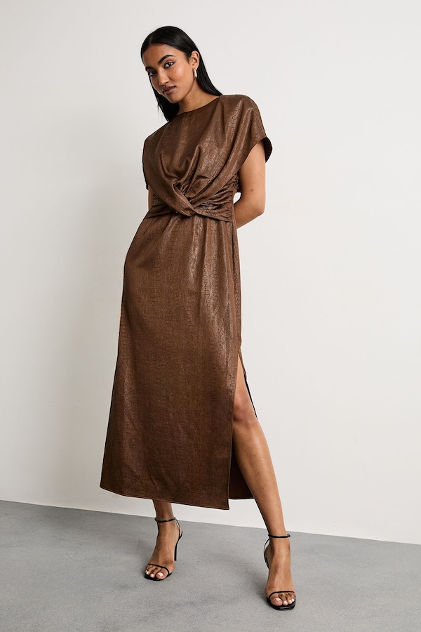 Warehouse Leather Look Satin Twist Front Detail Midi Dress Chocolate