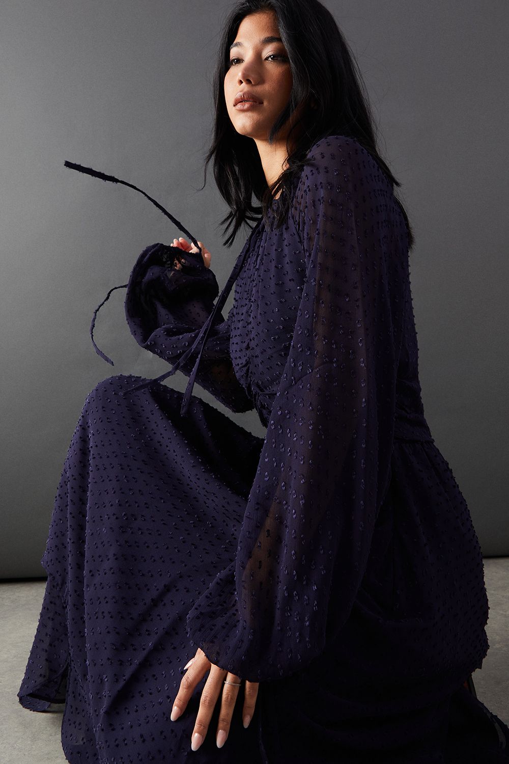 Warehouse Tufted Dobby Chiffon Button Front Tie Neck Hanky Hem Midi Dress Navy image 2