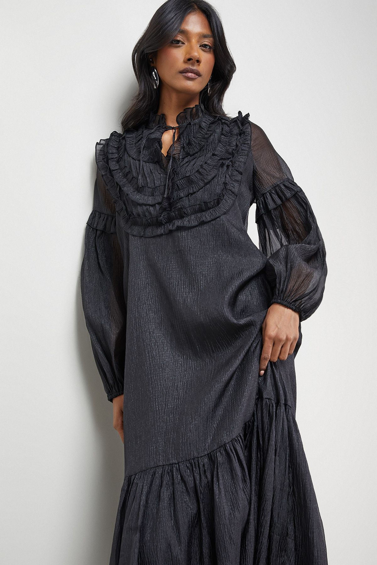 Warehouse Premium Crinkle Stripe Organza Frill Pleat Detail Midi Dress Black image 2