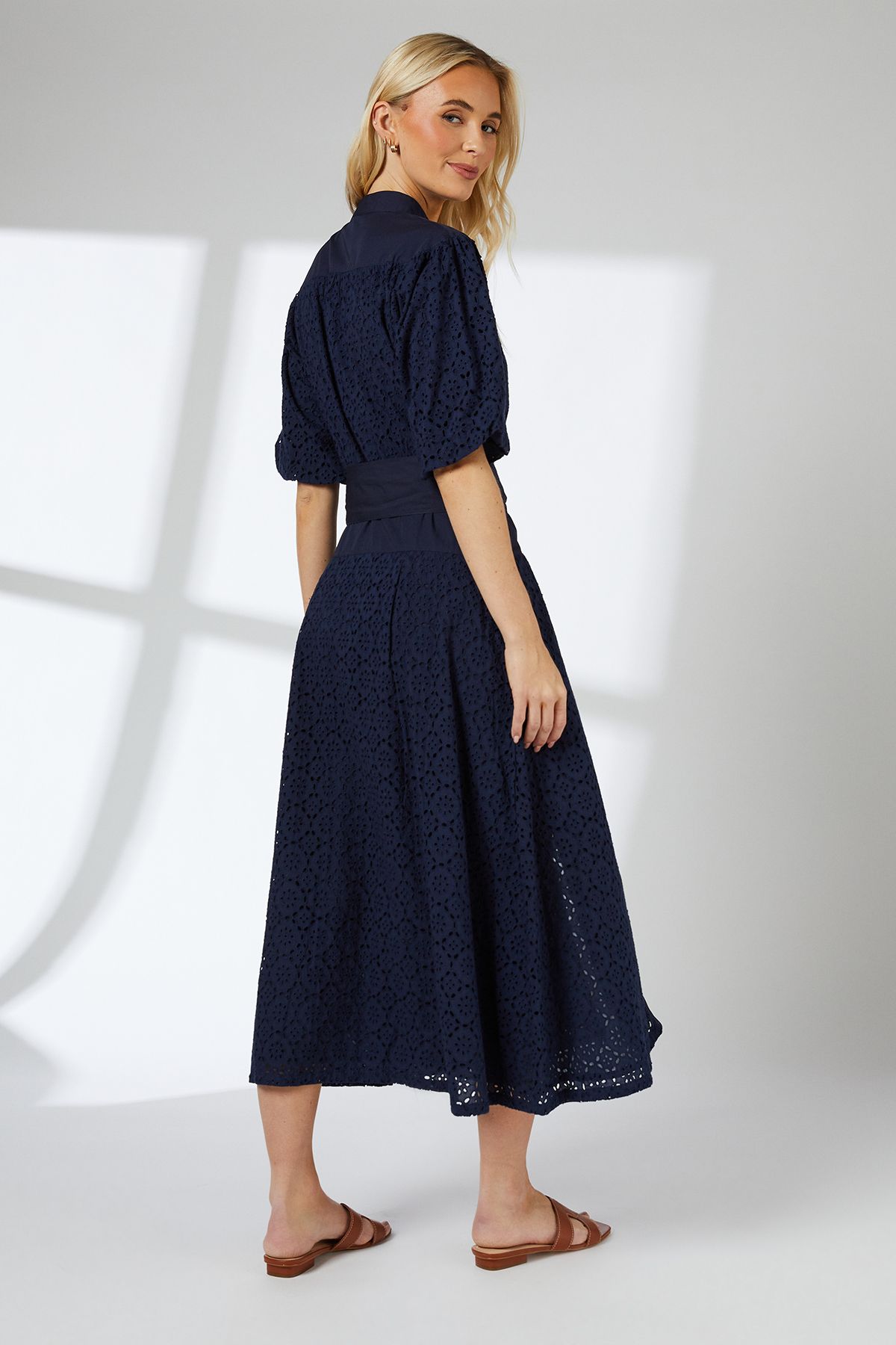 Principles Navy Broderie Belted Contrast Detail Midaxi Dress Navy image 3