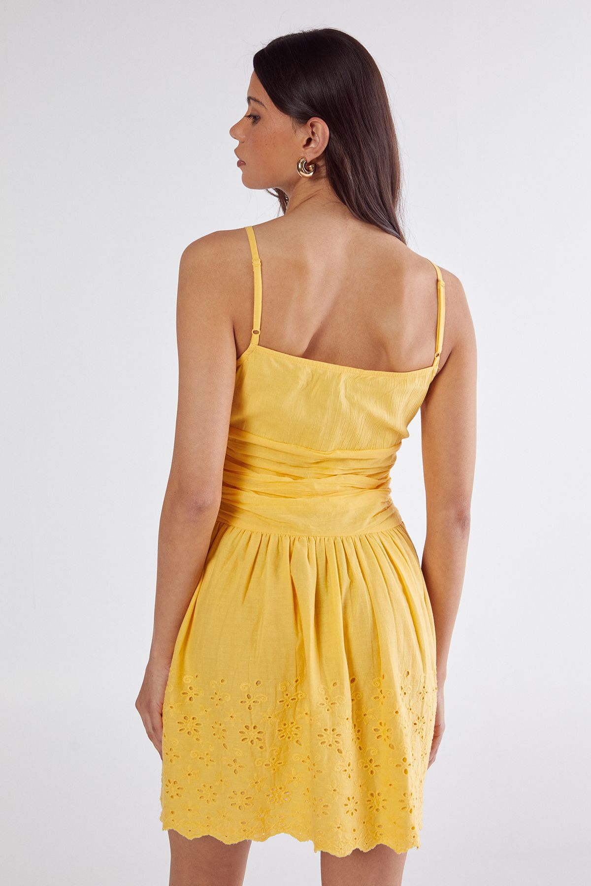 NastyGal Cotton Ruched Button Broderie Hem Strappy Mini Dress Lemon image 5