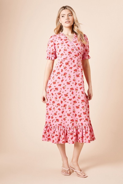 Dorothy Perkins Floral Wrap Front Frill Detail Tiered Hem Jersey Midi Dress Pink