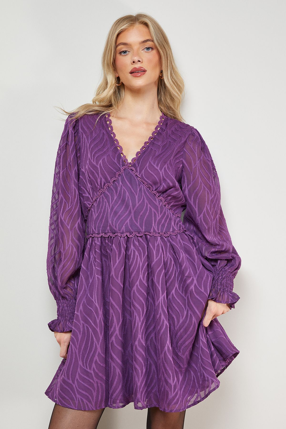 Oasis Animal Jacquard Trim Detail Balloon Sleeve Mini Dress Purple image 2