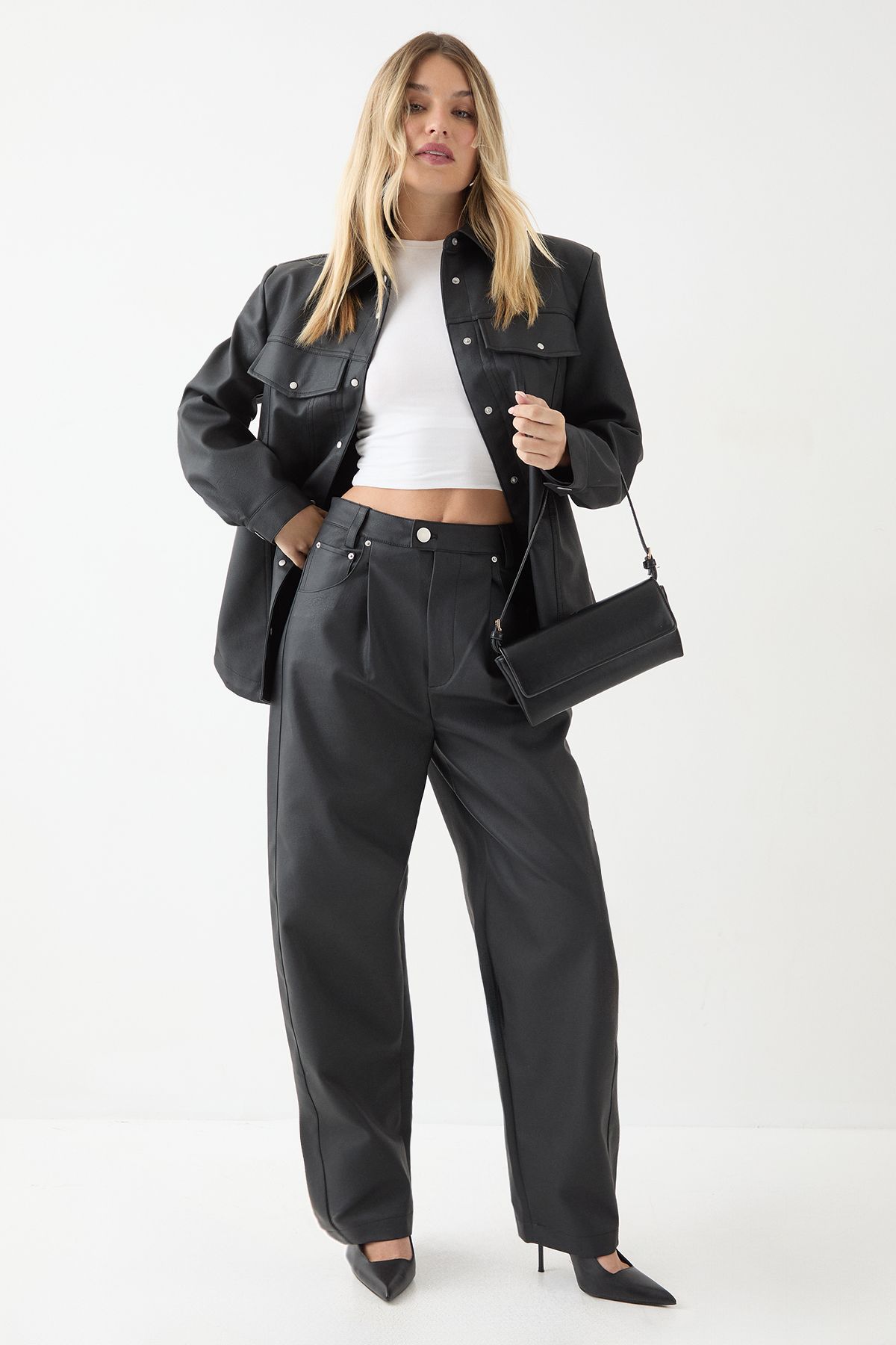 MissPap Faux Leather Shoulder Pad Shirt Black image 2