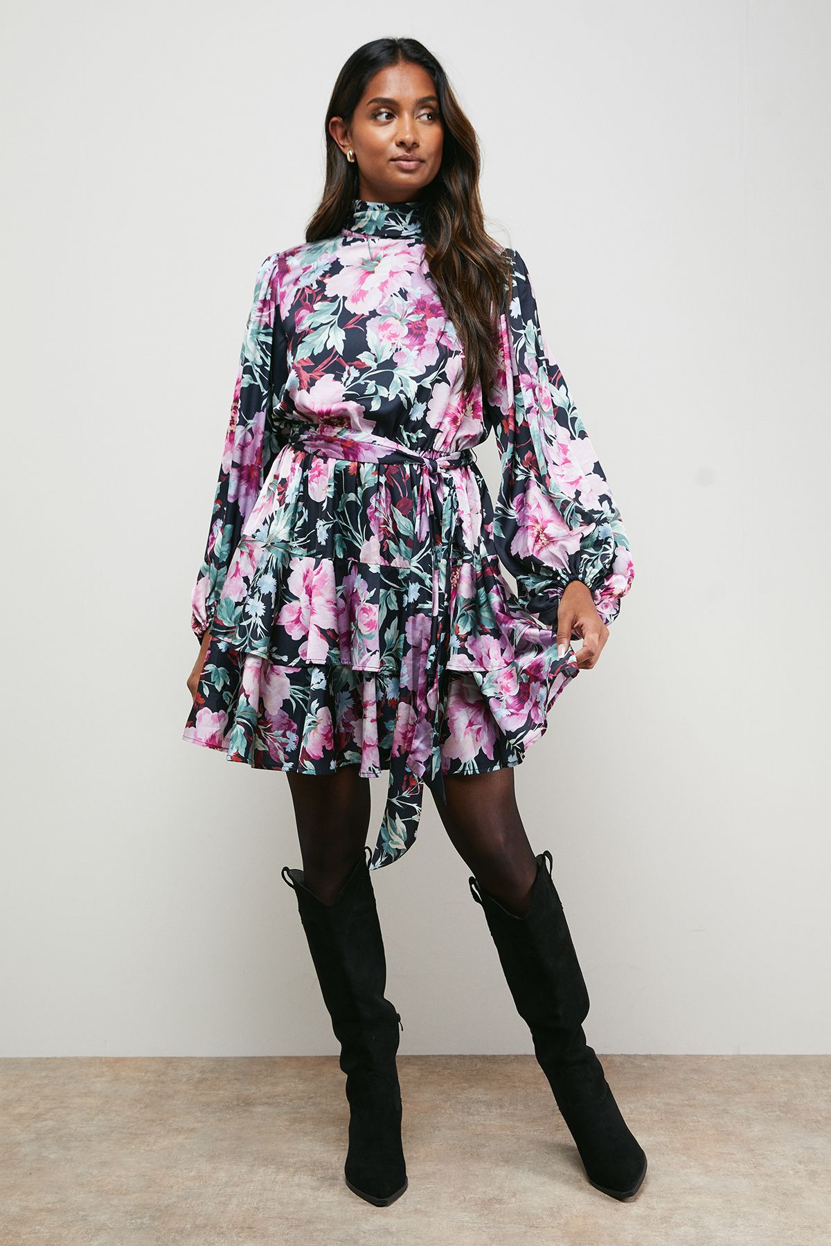 Oasis High Neck Printed Long Sleeve Mini Dress With Belt Multi