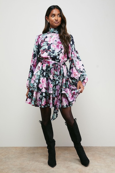 Oasis High Neck Printed Long Sleeve Mini Dress With Belt Multi