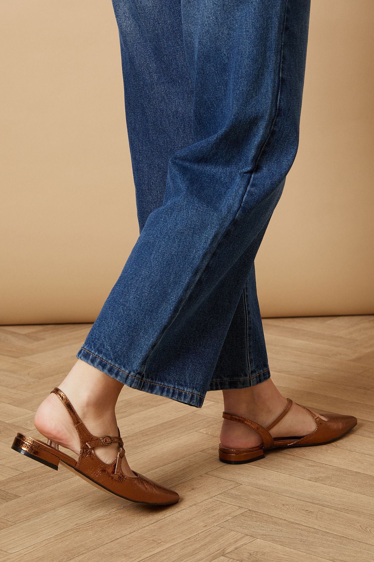 Oasis Anthea Faux Leather Pointed Cross Strap Flat Ballet Pumps Bronze image 3