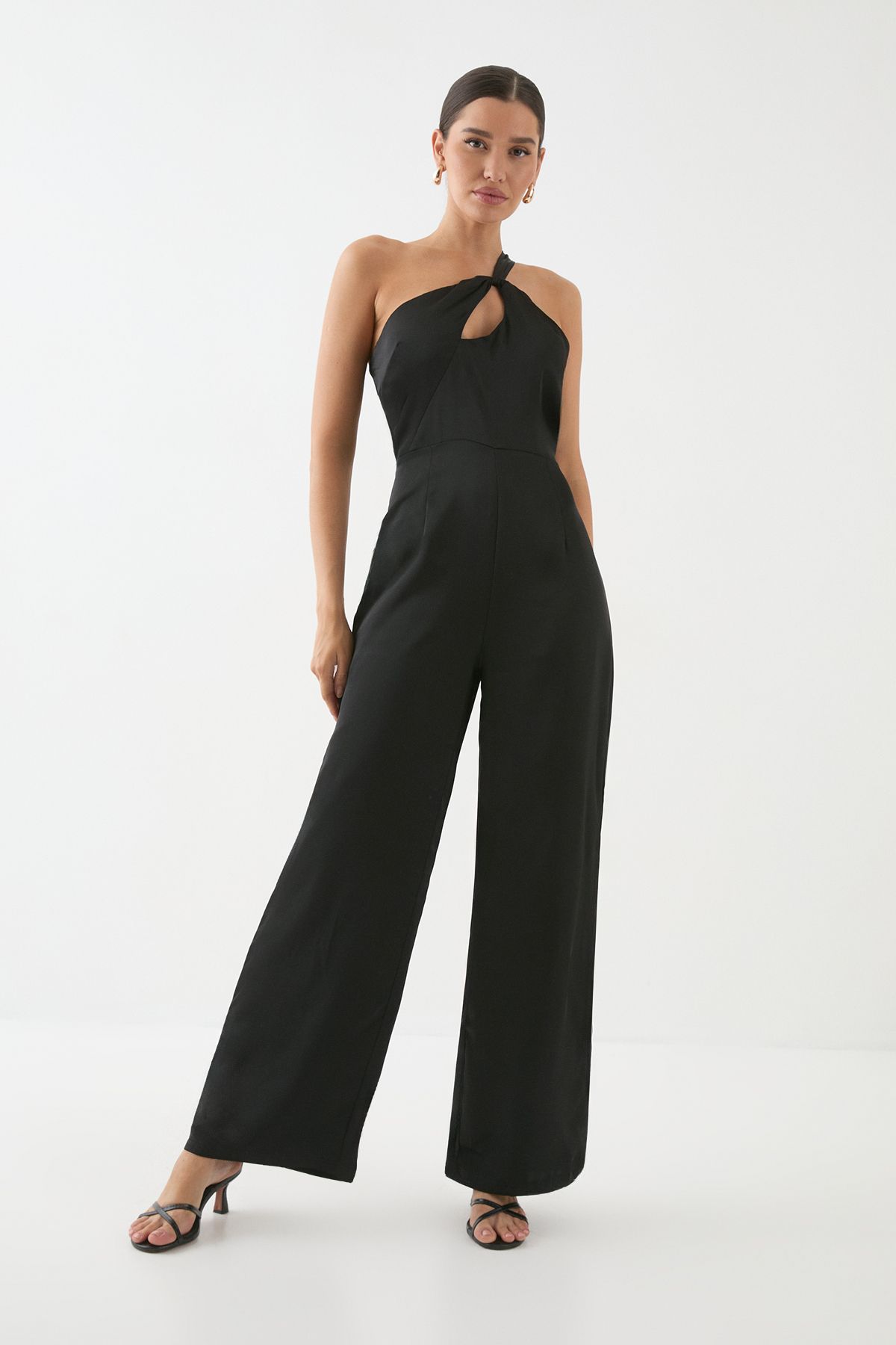 MissPap Satin One Shoulder Key Hole Jumpsuit Black image 1