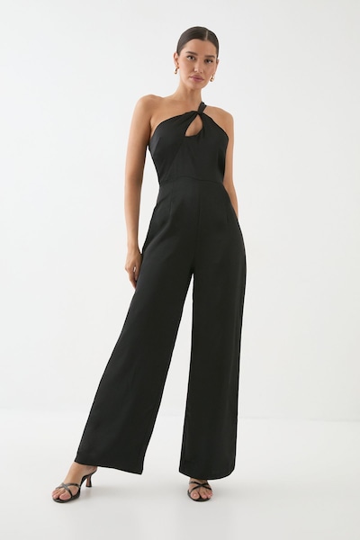 MissPap Satin One Shoulder Key Hole Jumpsuit Black