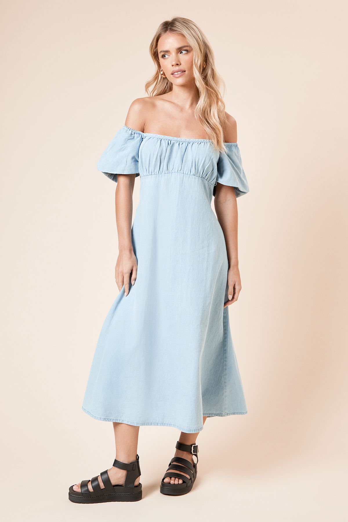 Dorothy Perkins Petite Chambray Bust Detail Midi Dress Light Wash