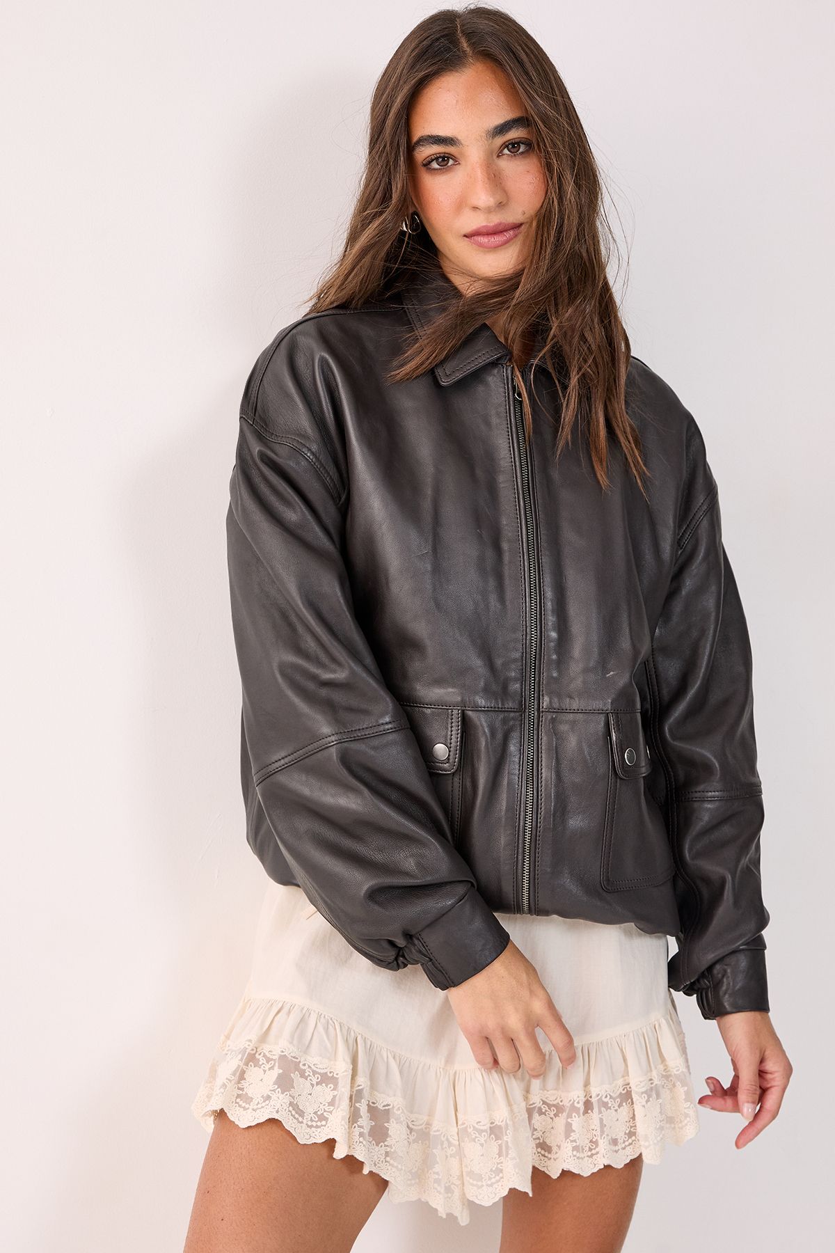 NastyGal Real Leather Oversized Bomber Jacket Chocolate image 3