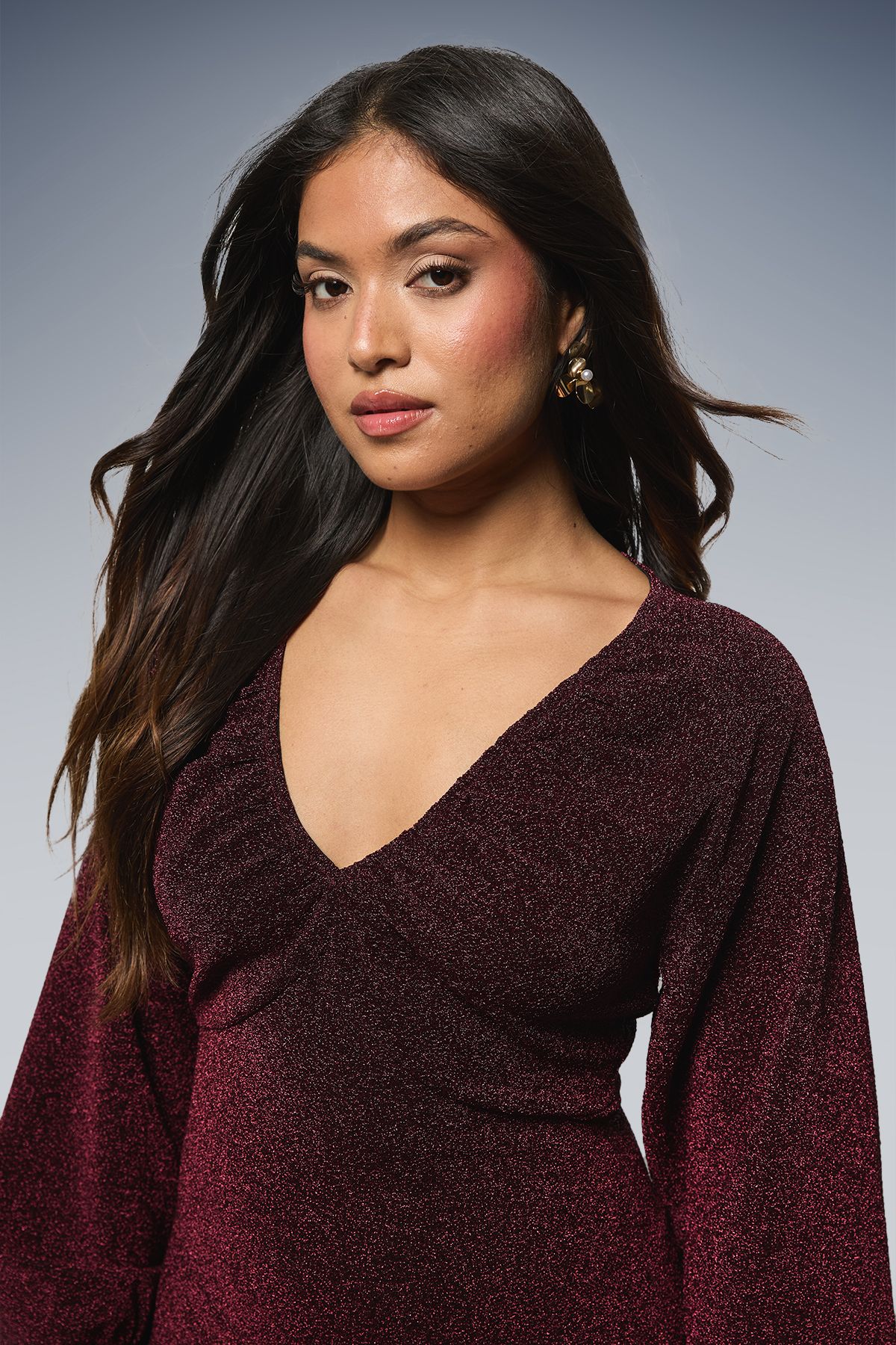 Dorothy Perkins Petite DP Luxe Gathered Neck Split Front Sparkle Jersey Midaxi Dress Berry image 4