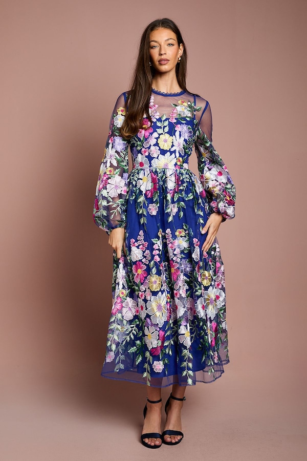Coast Coast Muse Long Sleeve Embroidered Maxi Dress Blue