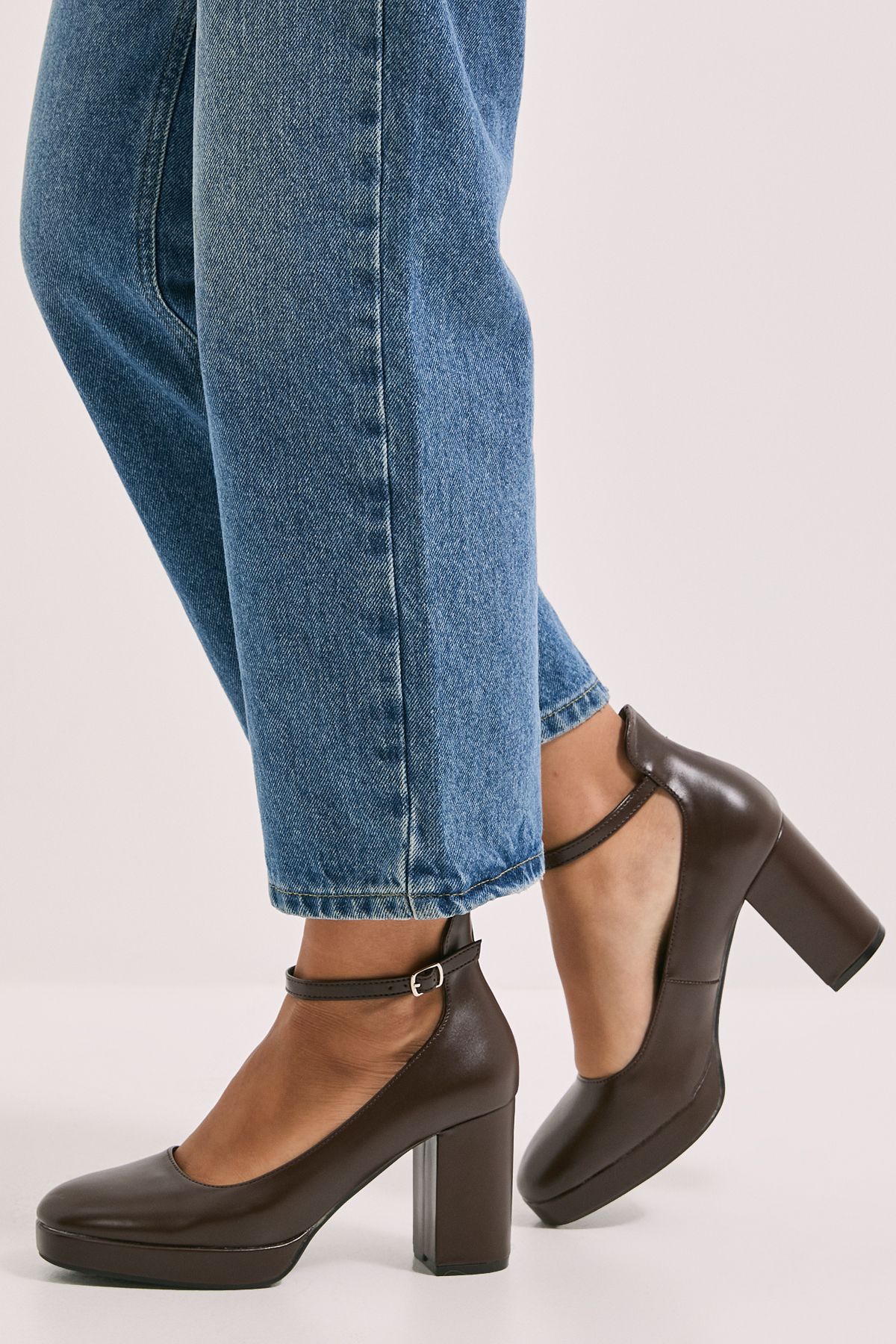 Dorothy Perkins Vanessa Faux Leather Platform Ankle Strap High Block Heel Court Shoes Chocolate image 2