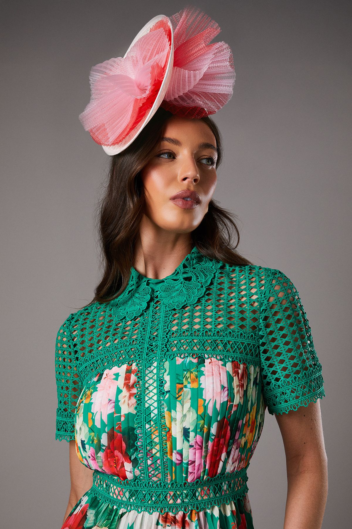 Coast Lisa Tan Lace Pleated Printed Midi Dress Green image 4