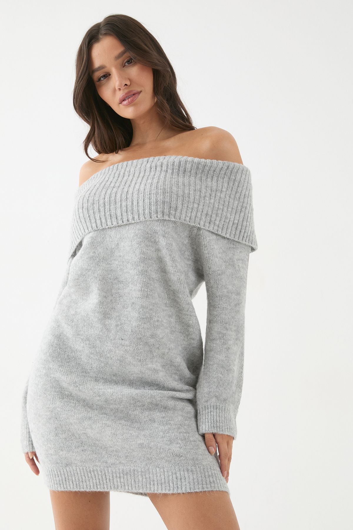 MissPap Premium Knit Bardot Foldover Jumper Dress Grey image 1