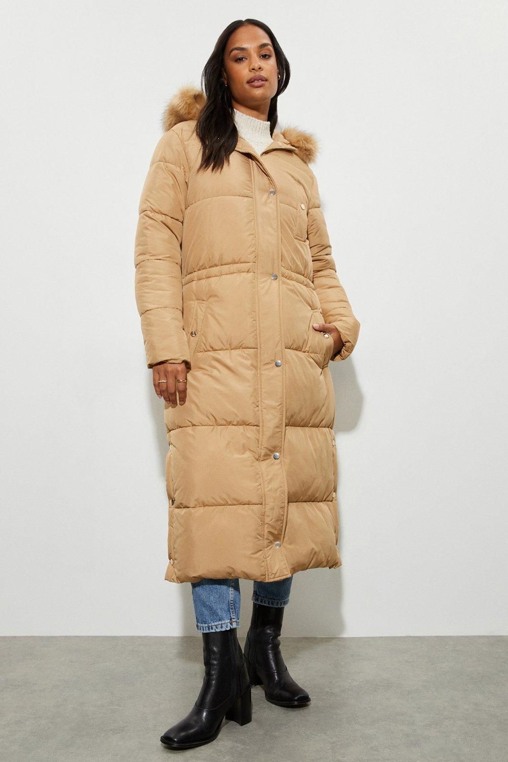 Dorothy Perkins Maxi Faux Fur Hood Padded Coat Camel