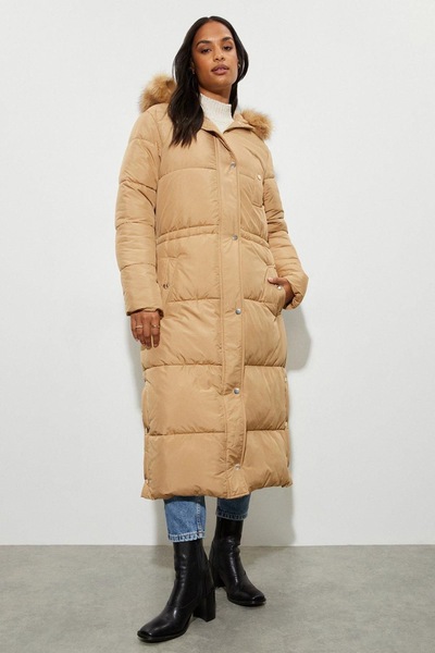 Dorothy Perkins Maxi Faux Fur Hood Padded Coat Camel