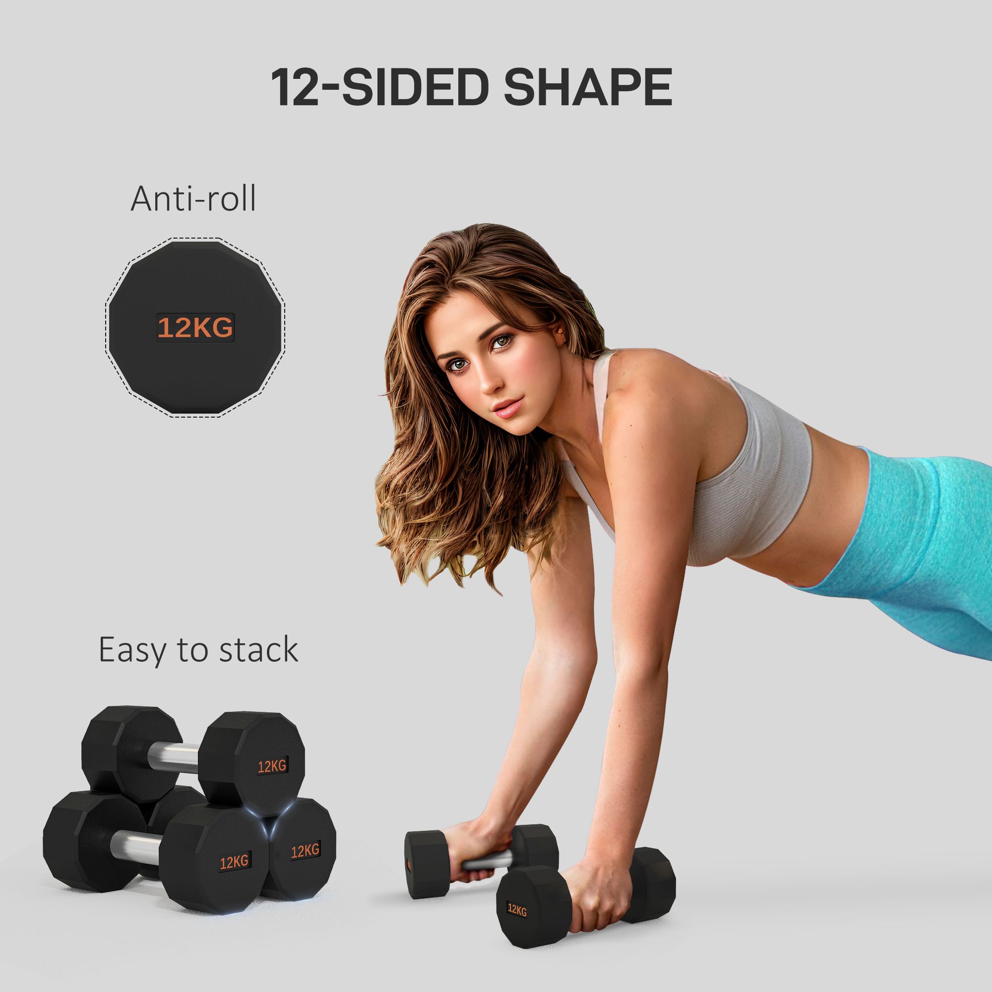 SPORTNOW Dumbbells Weights Set with 12-Sided Shape and Non-Slip Grip, 2 x 12kg image 4