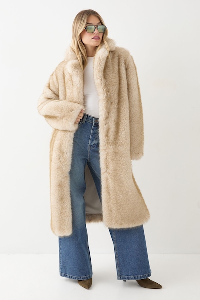 MissPap Collared Faux Fur Longline Coat Taupe