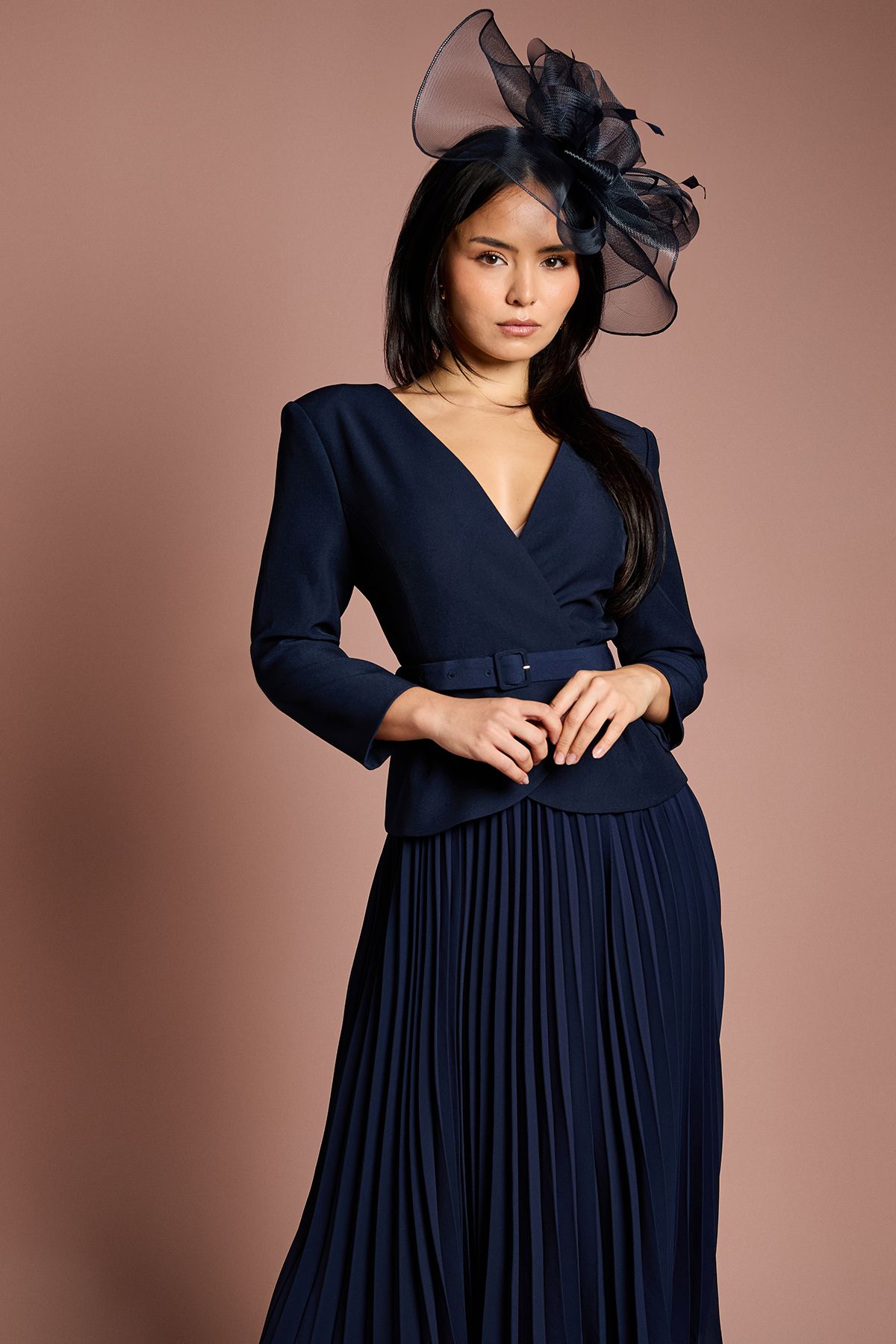 Coast Petite Crepe Bodice Long Sleeve Pleated Midi Dress Navy image 4