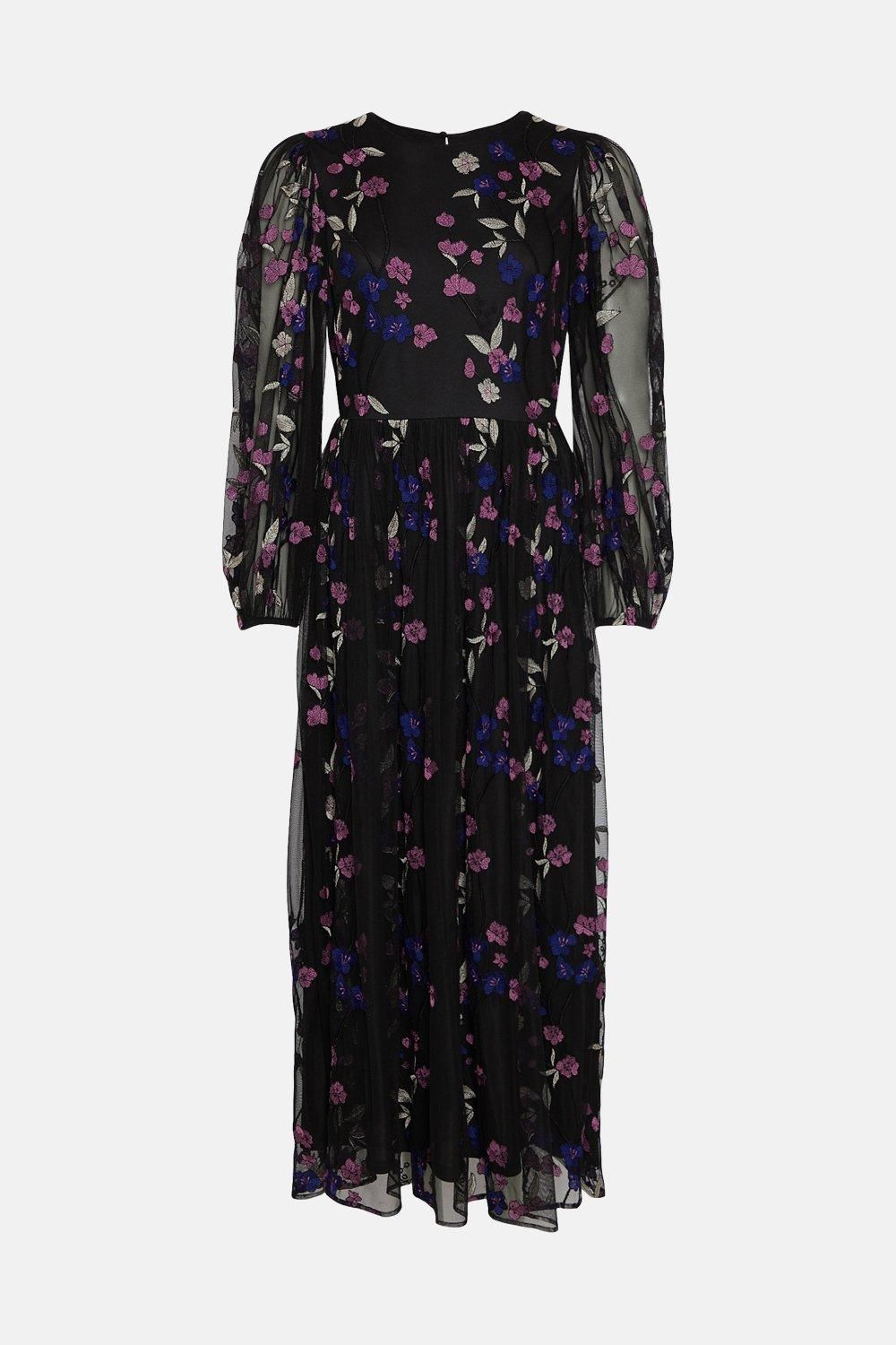 Coast Embroidered Mesh Blouson Sleeve Midi Dress Black image 4