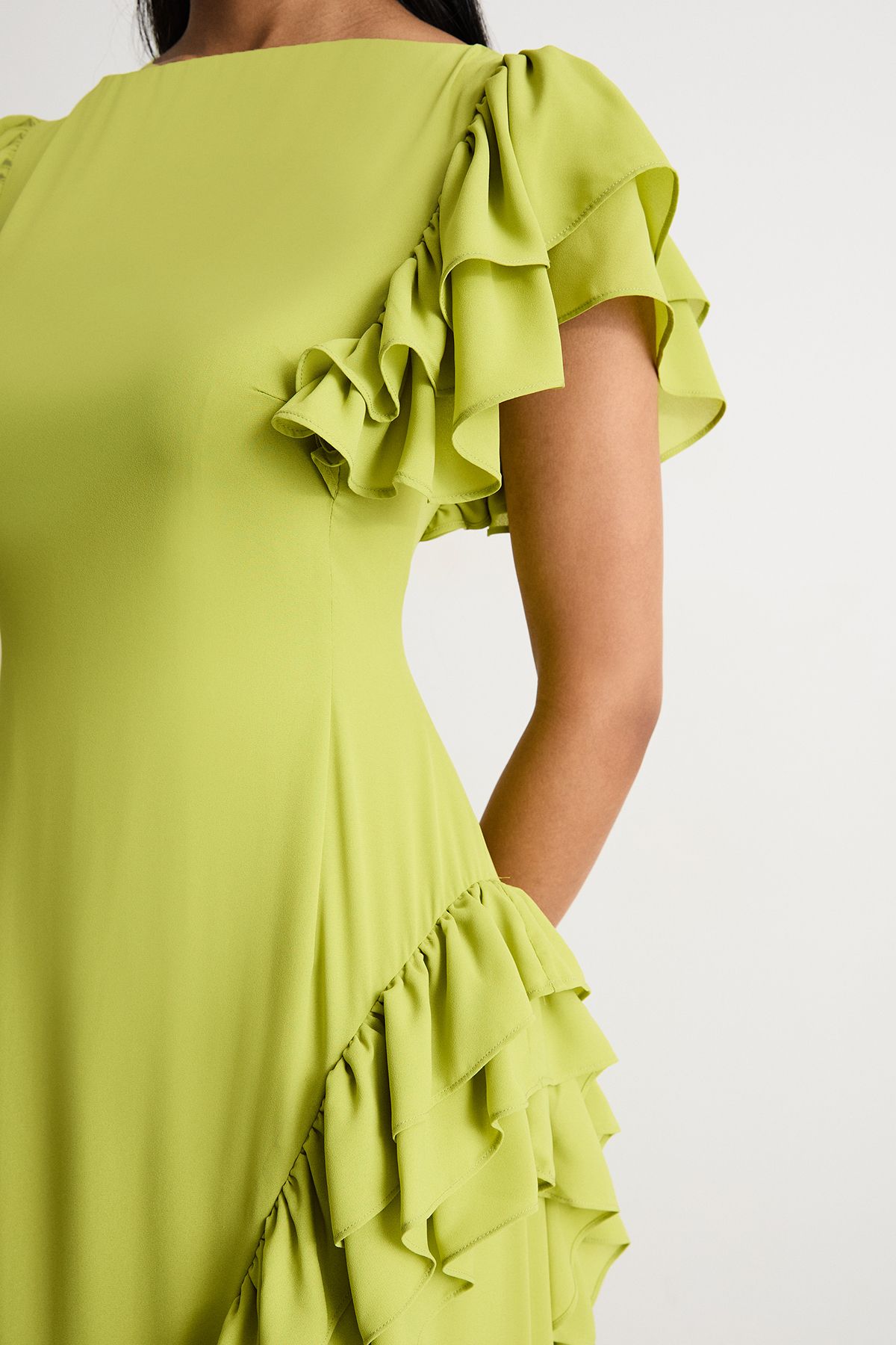 Warehouse Side Split Ruffle Detail Maxi Dress Lime image 4