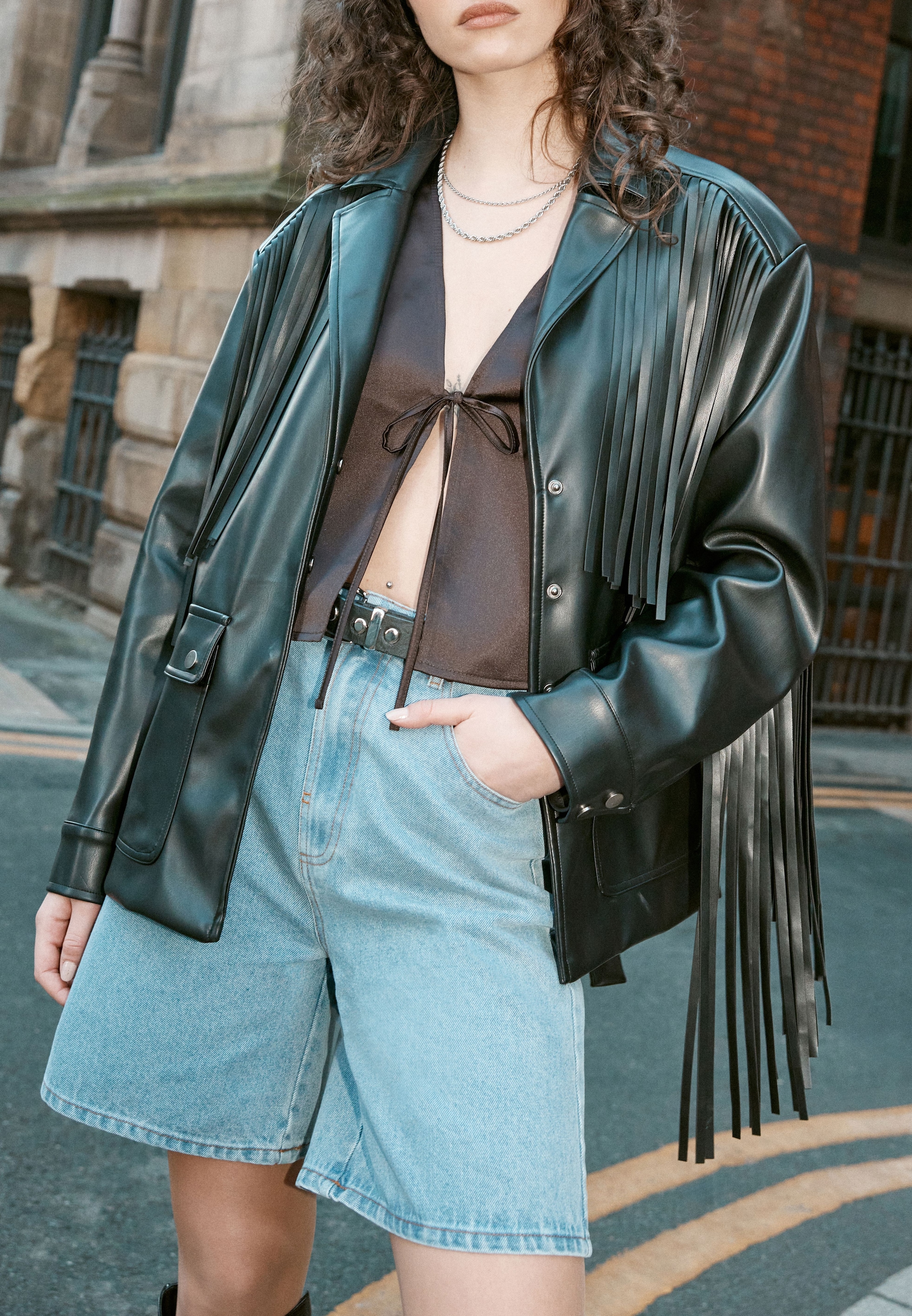 NastyGal Fringe Faux Leather Belted Jacket Black image 3