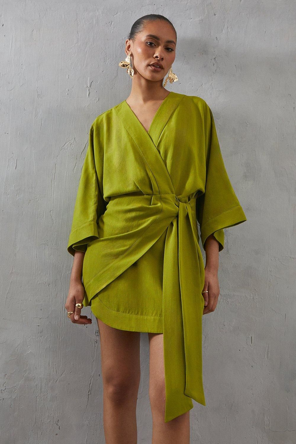 Warehouse Linen Wrap Kimono Mini Dress Chartreuse image 1